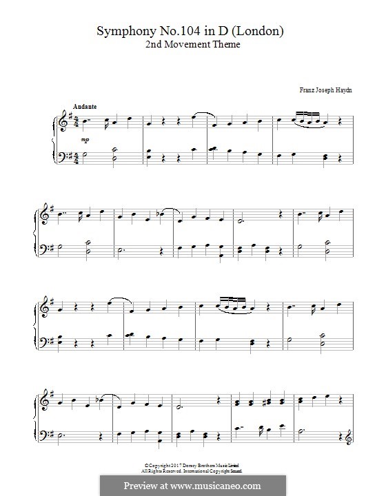 Symphony No.104 in D Major 'London', Hob.I/104: Movement II. Theme, for piano by Joseph Haydn