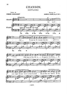 Shylock. Suite, Op.57: Movement I. Chanson, for medum voice by Gabriel Fauré