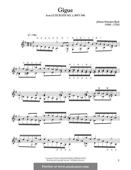 Suite for Lute (or Harpsichord) in E Minor, BWV 996: arranjos para guitarra by Johann Sebastian Bach