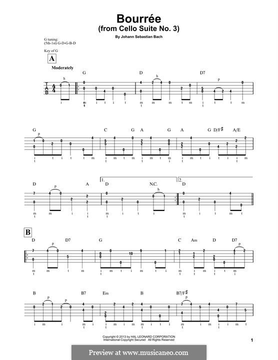 Suite for Cello No.3 in C Major, BWV 1009: Bourrée. Arrangement for banjo by Johann Sebastian Bach