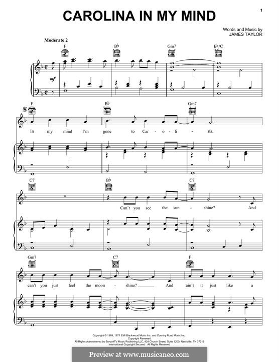 Carolina in My Mind: Para vocais e piano (ou Guitarra) by James Taylor