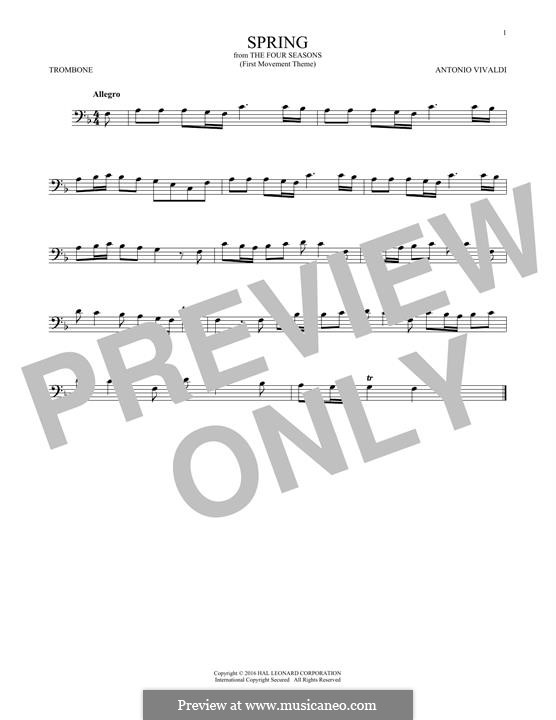Violin Concerto No.1 in E Major 'La primavera' (Printable Scores), RV 269: Movement I (Theme), for trombone by Antonio Vivaldi