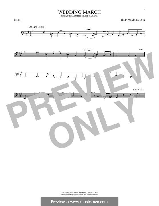 Wedding March (Printable Scores): Theme, for cello by Felix Mendelssohn-Bartholdy