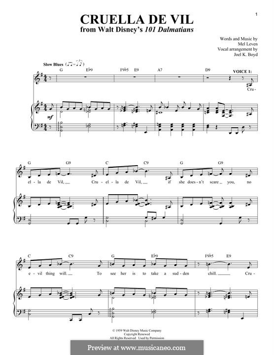 Cruella de Vil (from 101 Dalmatians): Para vocais e piano by Mel Leven