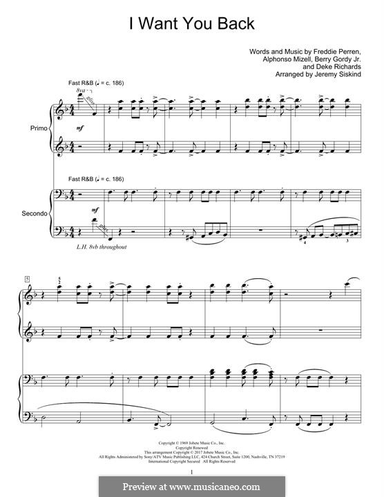 I Want You Back (The Jackson 5): para piano de quadro mãos by Alphonso Mizell, Berry Gordy, Deke Richards, Freddie Perren