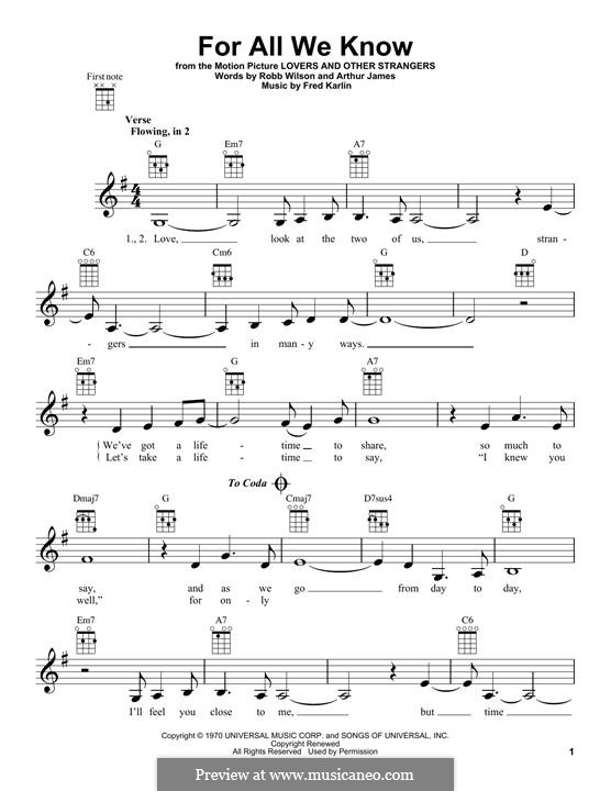 For All We Know (Carpenters): para ukulele by Fred Karlin, Jimmy Griffin, Robert Wilson