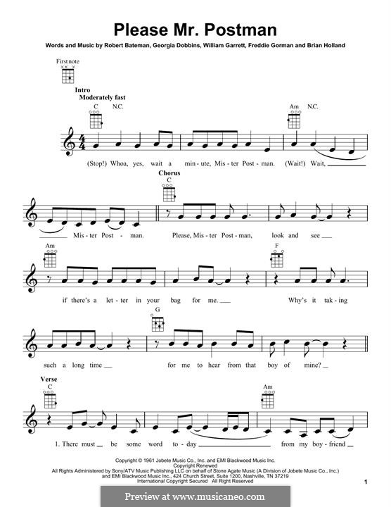 Please Mr. Postman: para ukulele by Brian Holland, Freddie Gorman, Georgia Dobbins, Robert Bateman, William Garrett