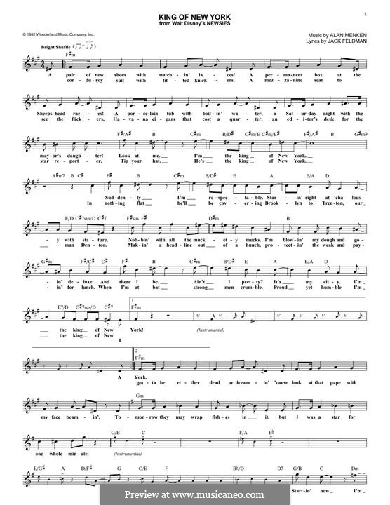 King of New York (from Newsies): melodia by Alan Menken