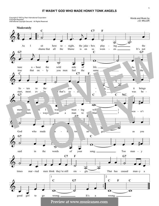 It Wasn't God Who Made Honky Tonk Angels (Patsy Cline): melodia by J. D. Miller