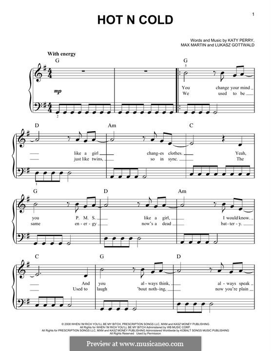 Hot n Cold: Para Piano by Katy Perry, Lukas Gottwald, Max Martin
