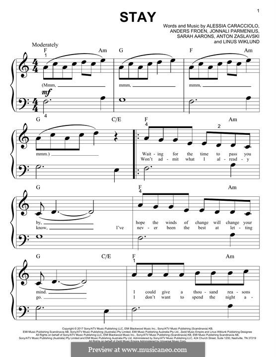 Stay (Zedd & Alessia Cara): Para Piano by Jonnali Parmenius, Linus Wiklund, Anton Zaslavski, Alessia Cara, Anders Froen, Sarah Aarons