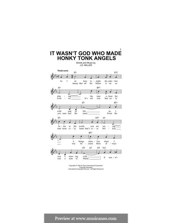 It Wasn't God Who Made Honky Tonk Angels (Patsy Cline): melodia by J. D. Miller