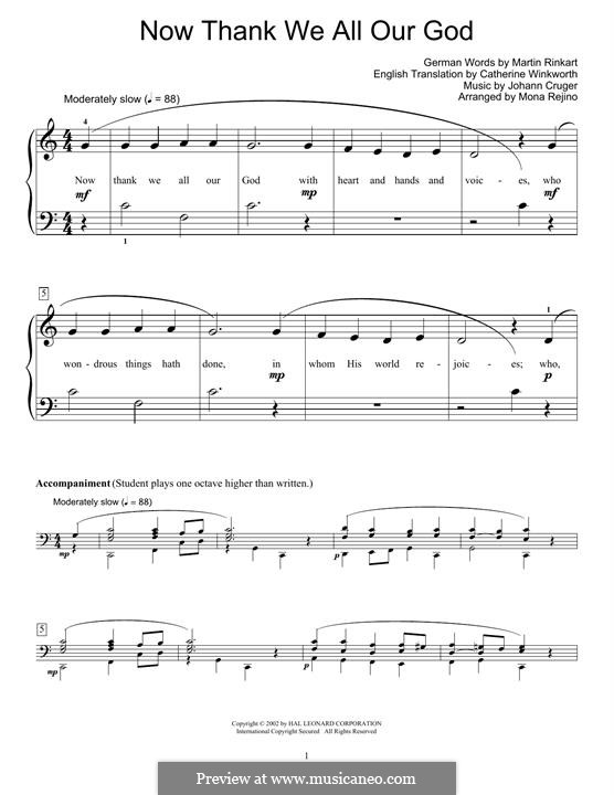 Now Thank We All Our God: Para Piano by Johann Crüger