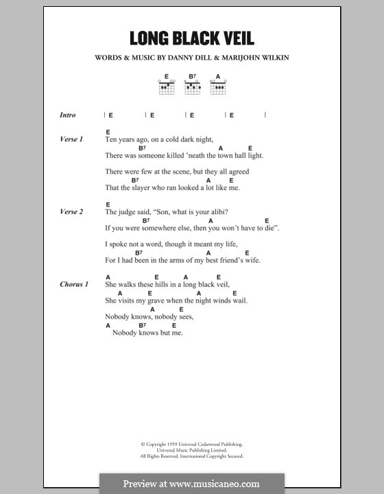 The Long Black Veil: Letras e Acordes by Danny Dill, Marijohn Wilkin