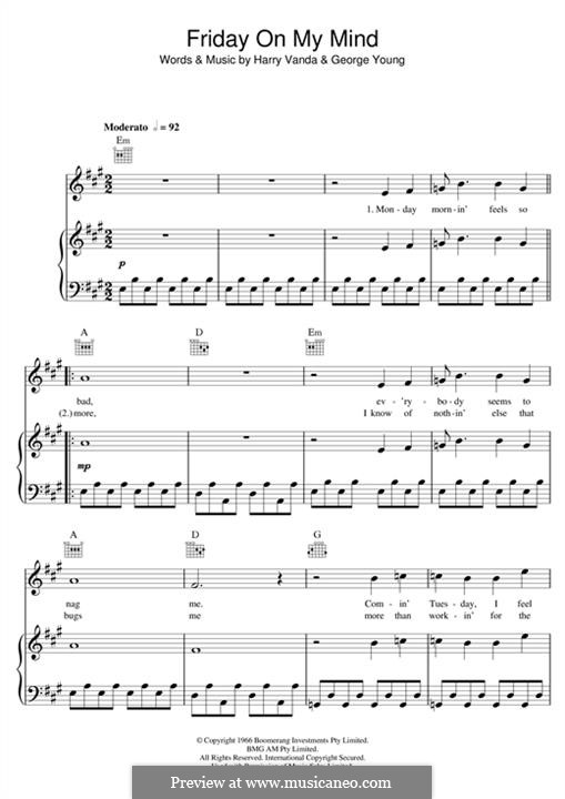 Friday on My Mind (The Easybeats): Para vocais e piano by George Young, Harry Vanda