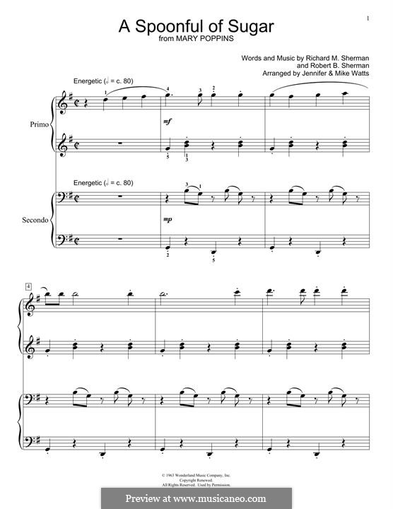 A Spoonful of Sugar (from Mary Poppins): para piano de quadro mãos by Richard M. Sherman, Robert B. Sherman