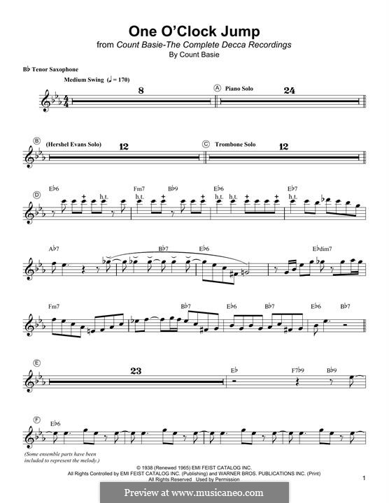 One O'Clock Jump: para saxofone tenor by Count Basie