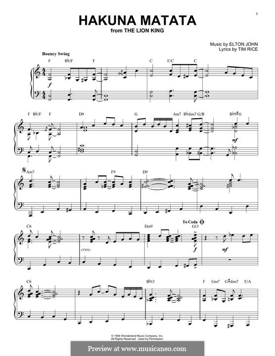Hakuna Matata (from The Lion King): For piano (jazz version) by Elton John
