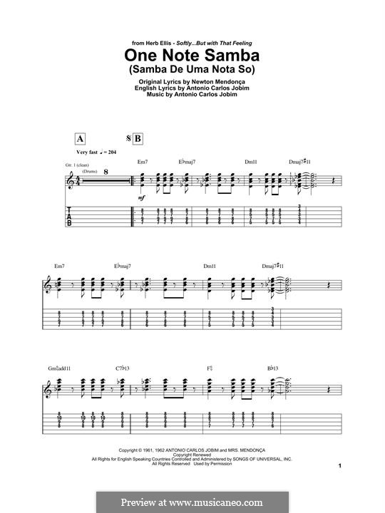 One Note Samba (Samba De Uma Nota): For electric guitar by Antonio Carlos Jobim