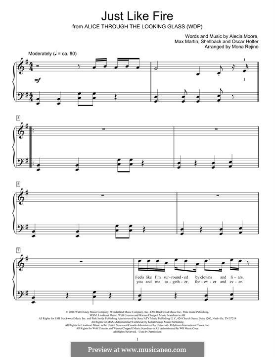 Just Like Fire: Facil para o piano by Shellback, Alecia Moore, Max Martin