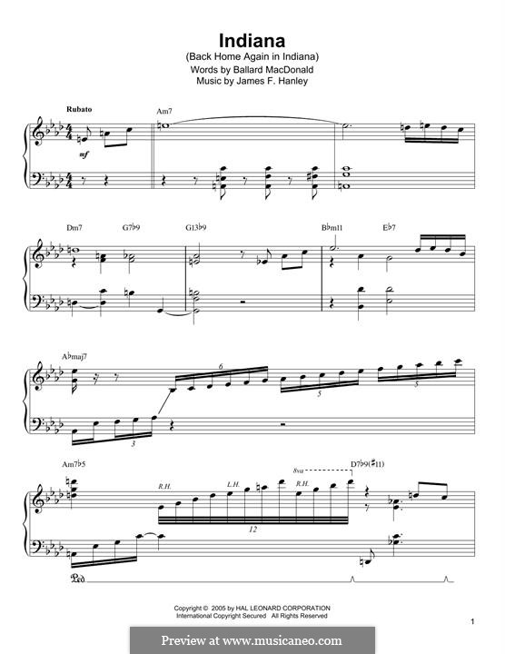 Indiana (Back Home Again in Indiana): For piano (Oscar Peterson) by James Frederick Hanley