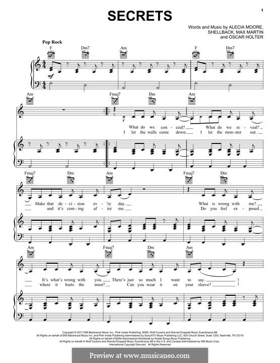 Secrets (Pink): Para vocais e piano (ou Guitarra) by Shellback, Alecia Moore, Max Martin, Oscar Holter