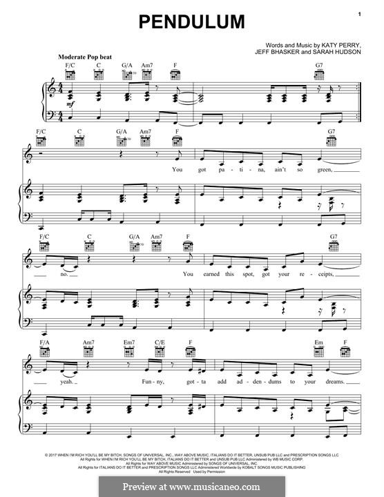 Pendulum: Para vocais e piano (ou Guitarra) by Jeff Bhasker, Katy Perry, Sarah Hudson