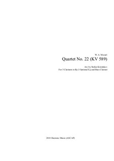 String Quartet No.22 in B Flat Major, K.589: Arrangement for clarinets quartet by Wolfgang Amadeus Mozart