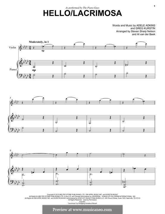 Hello / Lacrimosa (The Piano Guys): para violino by Adele, Greg Kurstin