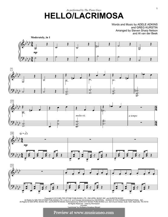 Hello / Lacrimosa (The Piano Guys): Para Piano by Adele, Greg Kurstin