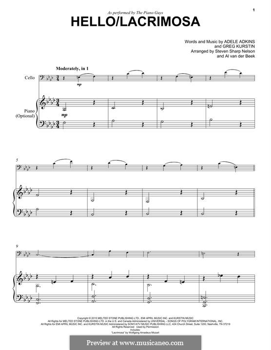 Hello / Lacrimosa (The Piano Guys): para Violoncelo e piano by Adele, Greg Kurstin