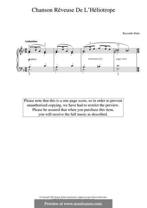 Chanson Reveuse de L'Heliotrope (No.XI from 'Pieces D'Amour'): Para Piano by Reynaldo Hahn