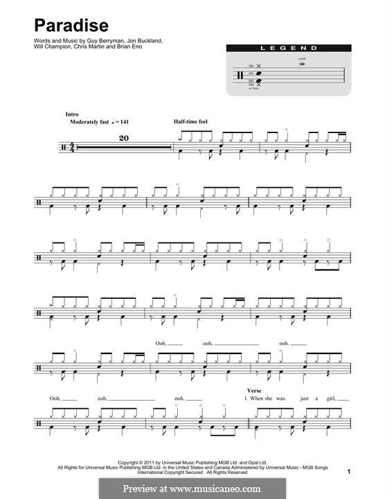 Paradise (Coldplay): Drum set by Brian Eno, Chris Martin, Guy Berryman, Jonny Buckland, Will Champion