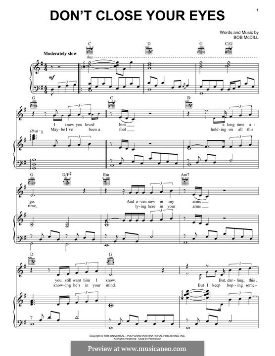 Don't Close Your Eyes (Keith Whitley): Para vocais e piano (ou Guitarra) by Bob McDill