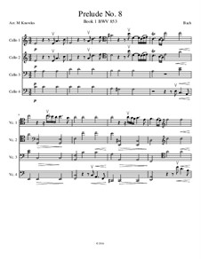 Prelude and Fugue No.8 in E Flat Minor, BWV 853: Prelude, for cello quartet by Johann Sebastian Bach