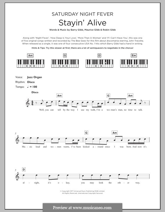 Stayin' Alive (The Bee Gees): para teclado by Barry Gibb, Maurice Gibb, Robin Gibb