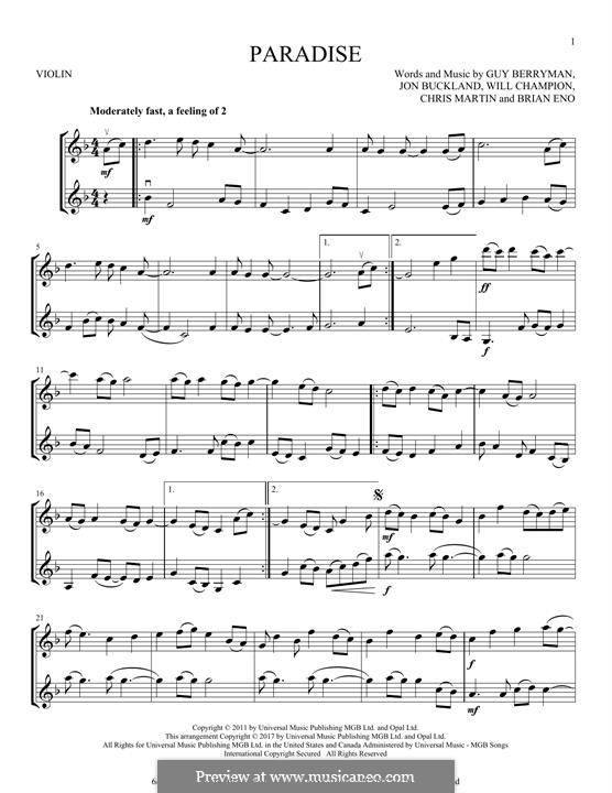 Paradise (Coldplay): para dois violinos by Brian Eno, Chris Martin, Guy Berryman, Jonny Buckland, Will Champion