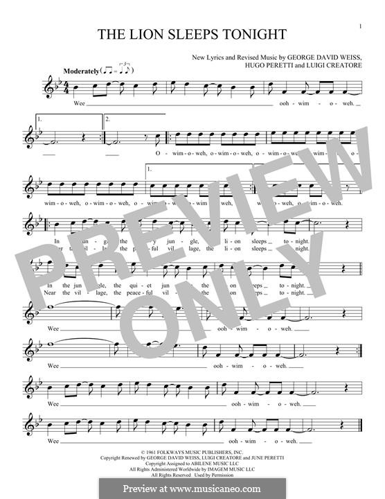The Lion Sleeps Tonight (Wimoweh): melodia by George David Weiss, Hugo Peretti, Luigi Creatore