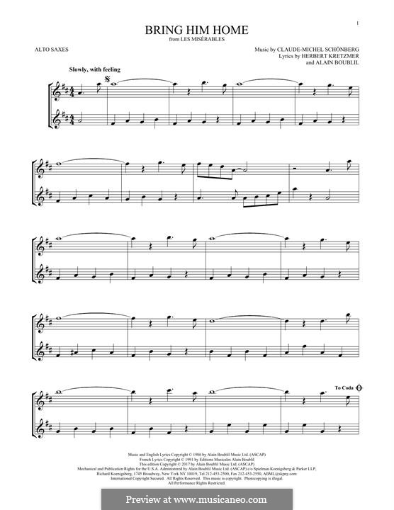 Bring Him Home: para dois alto saxophones by Claude-Michel Schönberg