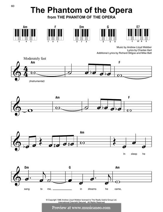The Phantom of the Opera: For easy piano with lyrics by Andrew Lloyd Webber