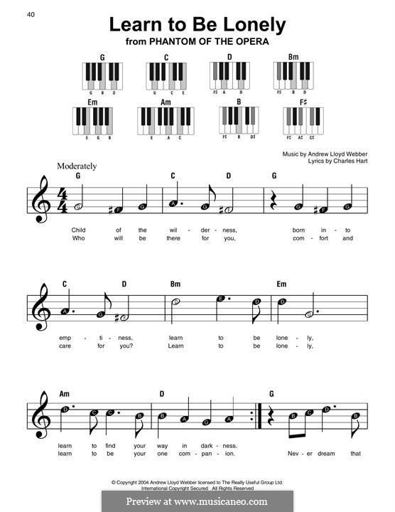 Learn to be Lonely: For easy piano with lyrics by Andrew Lloyd Webber