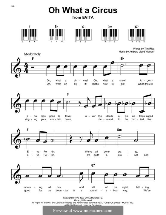 Oh What a Circus: For easy piano with lyrics by Andrew Lloyd Webber