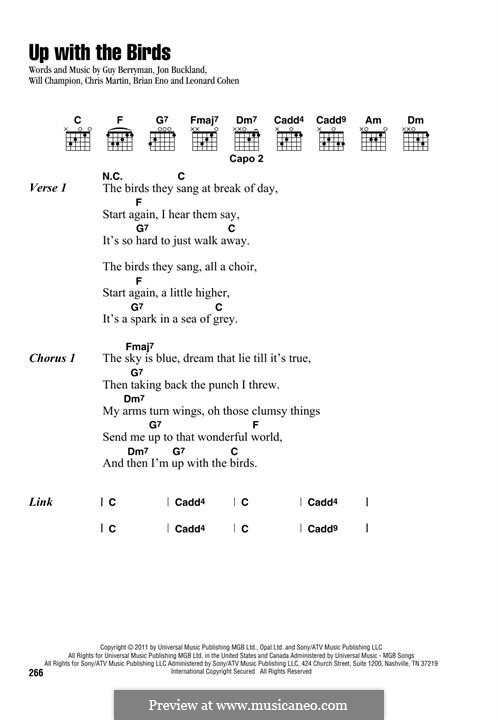Up with the Birds (Coldplay): Letras e Acordes by Brian Eno, Chris Martin, Guy Berryman, Jonny Buckland, Will Champion