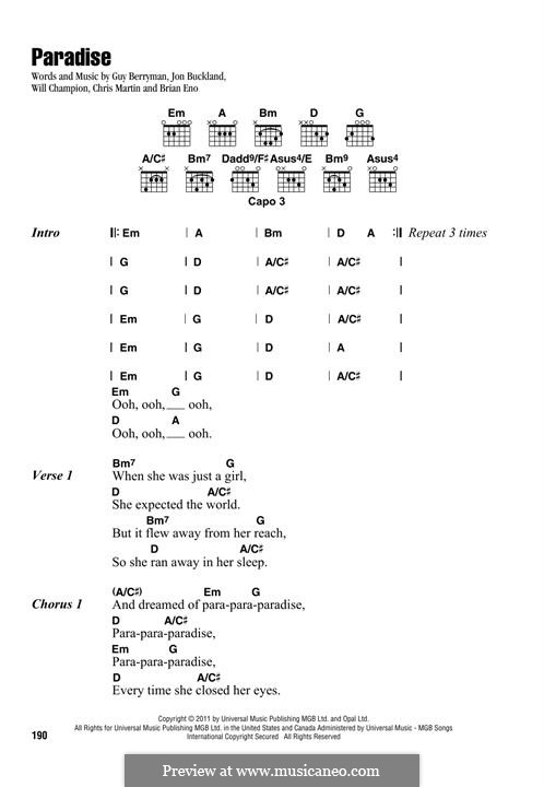 Paradise (Coldplay): Letras e Acordes by Brian Eno, Chris Martin, Guy Berryman, Jonny Buckland, Will Champion