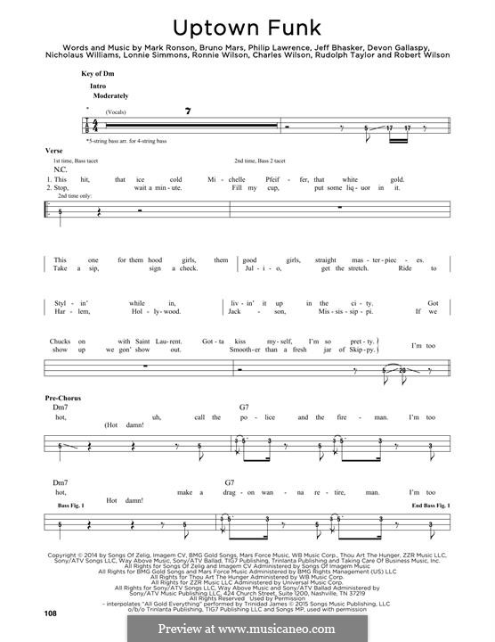 Vocal version: For bass voice by Jeff Bhasker, Bruno Mars, Philip Lawrence, Devon Gallaspy, Nicholaus Williams
