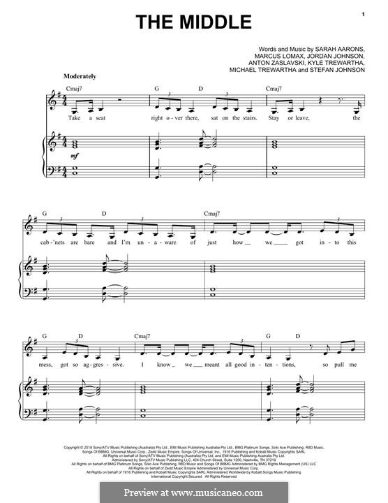 The Middle (Zedd, Maren Morris & Grey): Para vocais e piano (ou Guitarra) by Anton Zaslavski, Marcus Lomax, Stefan Johnson, Jordan Johnson, Sarah Aarons, Kyle Trewartha, Michael Trewartha