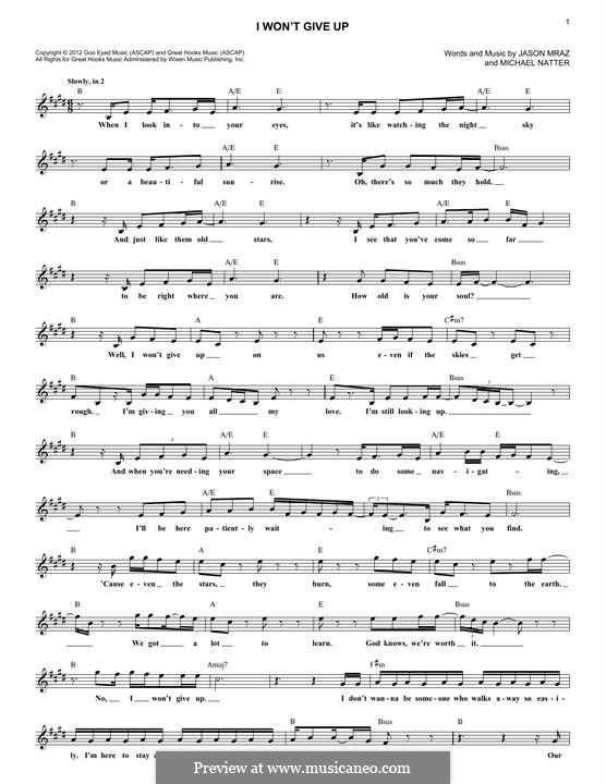 I Won't Give Up: melodia by Jason Mraz, Michael Natter