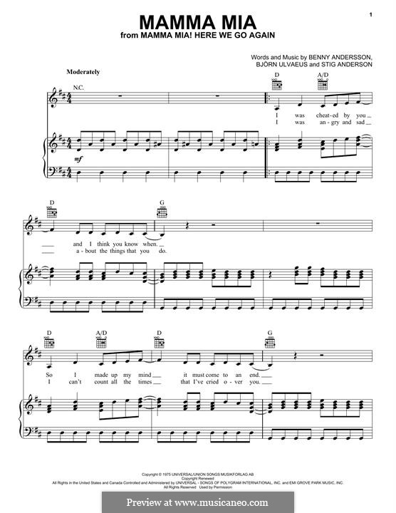 Mamma Mia (from Mamma Mia! Here We Go Again): Para vocais e piano (ou Guitarra) by Benny Andersson, Björn Ulvaeus, Stig Anderson