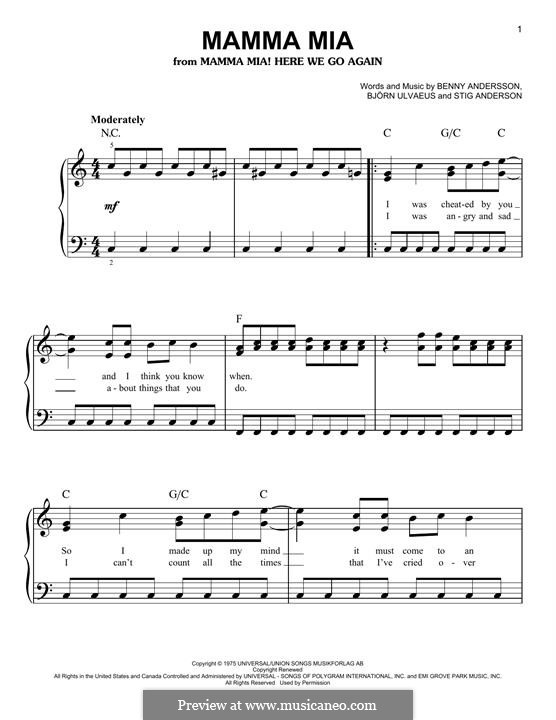 Mamma Mia (from Mamma Mia! Here We Go Again): Para Piano by Benny Andersson, Björn Ulvaeus, Stig Anderson