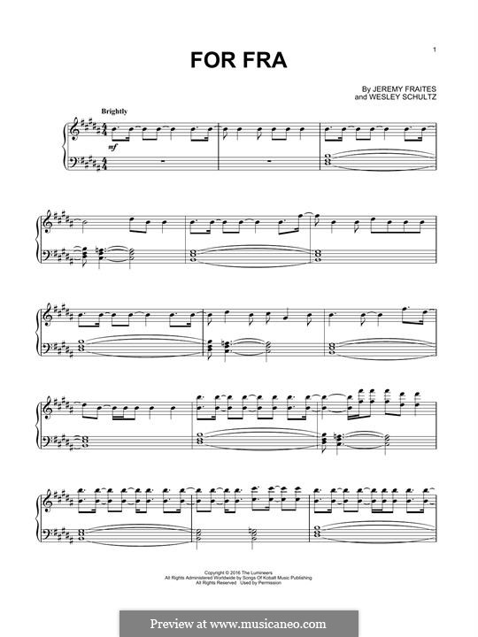 For Fra (The Lumineers): Para Piano by Jeremy Fraites, Wesley Schultz